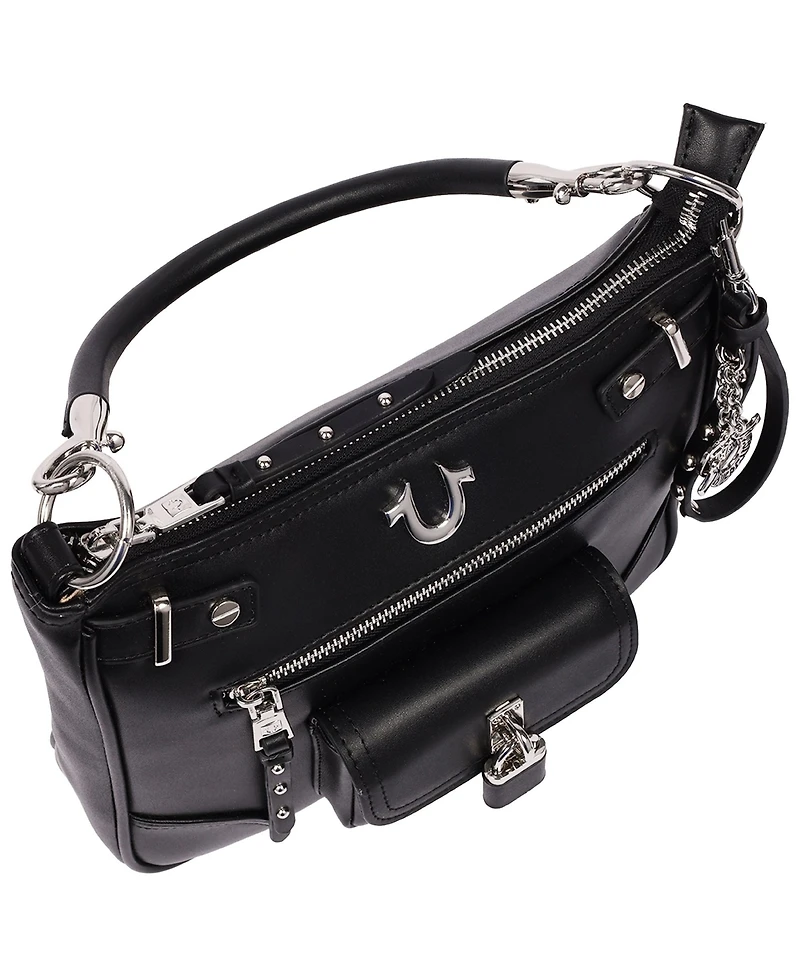 True Religion Moto Zip Top Hobo Bag with Lock Pocket Charm - Convertible Shoulder bag