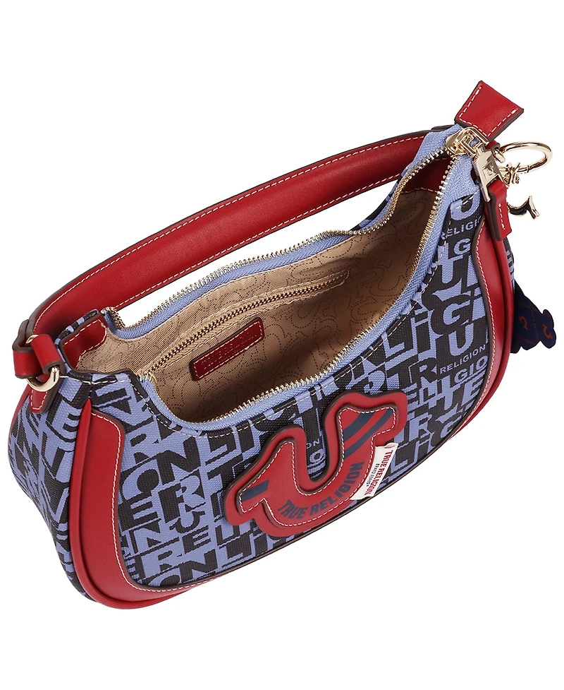 True Religion Graphic Horseshoe Hobo Bag with Buddha Charm and Logo Print