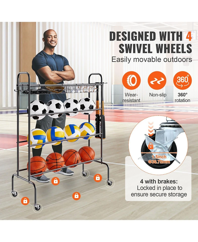 Sevorley 4-Tier Rolling Basketball Rack, Sports Ball Storage Organizer with Wheels, Hooks, and Baskets