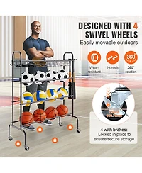 Sevorley 4-Tier Rolling Basketball Rack, Sports Ball Storage Organizer with Wheels, Hooks, and Baskets