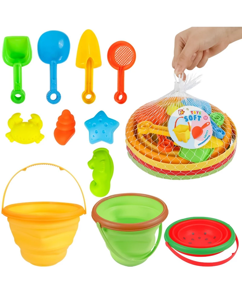 homfan Multipurpose Silicone Collapsible Beach Toys Set, 3 Piece Bucket with Shovels and Sand Molds for Kids Travel and Camping
