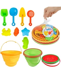 homfan Multipurpose Silicone Collapsible Beach Toys Set, 3 Piece Bucket with Shovels and Sand Molds for Kids Travel and Camping