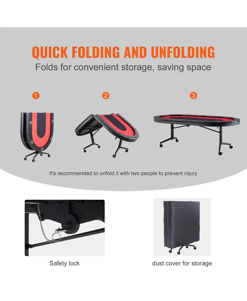 Sevorley 10-Player Foldable Poker Table, 90 inch Oval Casino Table with Padded Rails and Cup Holders