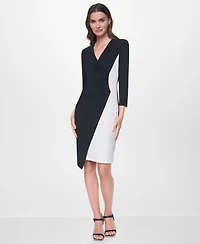 Dkny Women's Long Sleeve V-Neck Ruched Scuba Crepe Dress