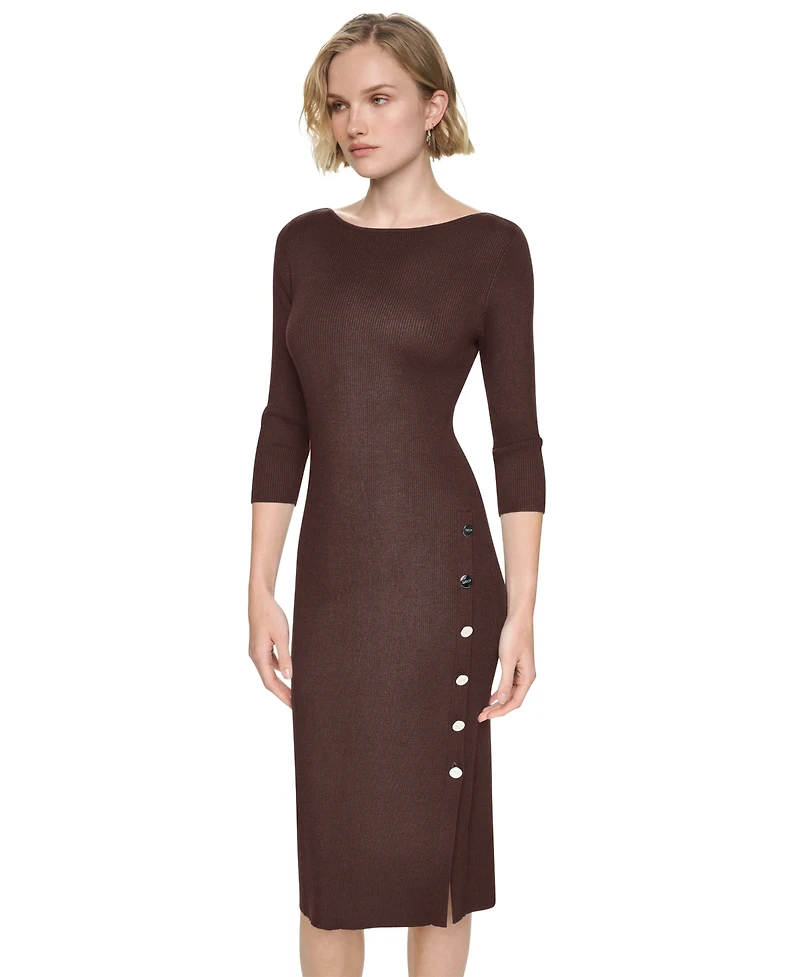 Dkny Women's 3/4 Sleeve Boat Neck Midi Sweater Dress