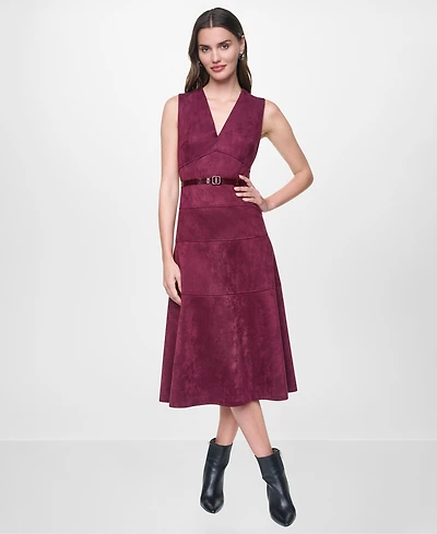 Dkny Women's Sleeveless V-Neck Buckle Belt Midi Dress