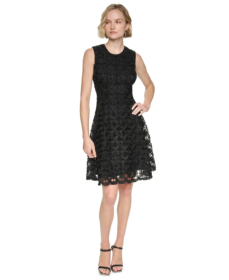 Dkny Women's Sleeveless Crew Neck Lace Fit and Flare Dress