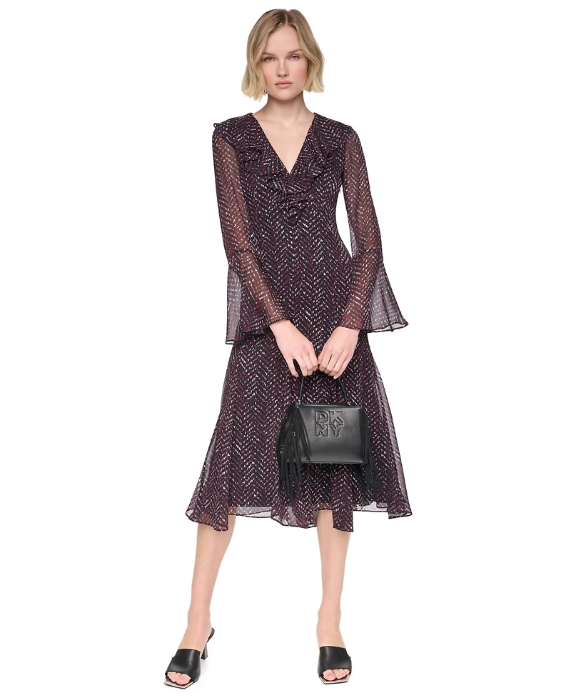 Dkny Women's Long Bell Sleeve V-Neck Ruffle Godet Midi Dress