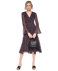 Dkny Women's Long Bell Sleeve V-Neck Ruffle Godet Midi Dress