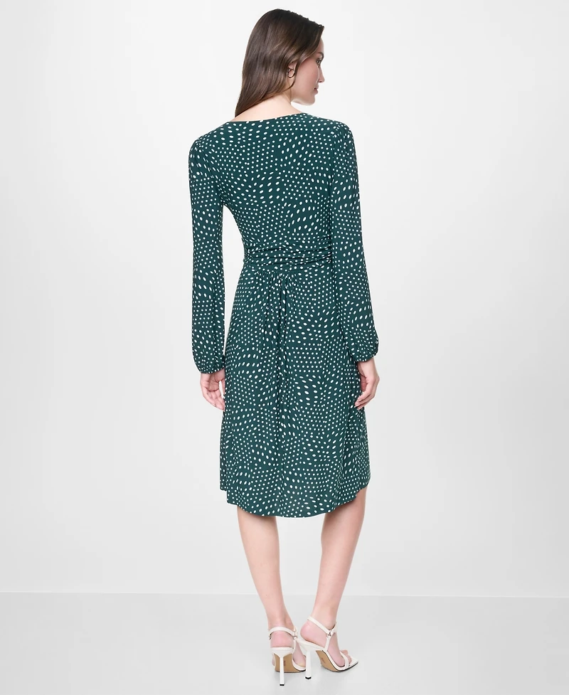 Dkny Women's Long Sleeve Surplice V-Neck Twist-Front Fit and Flare Midi Dress