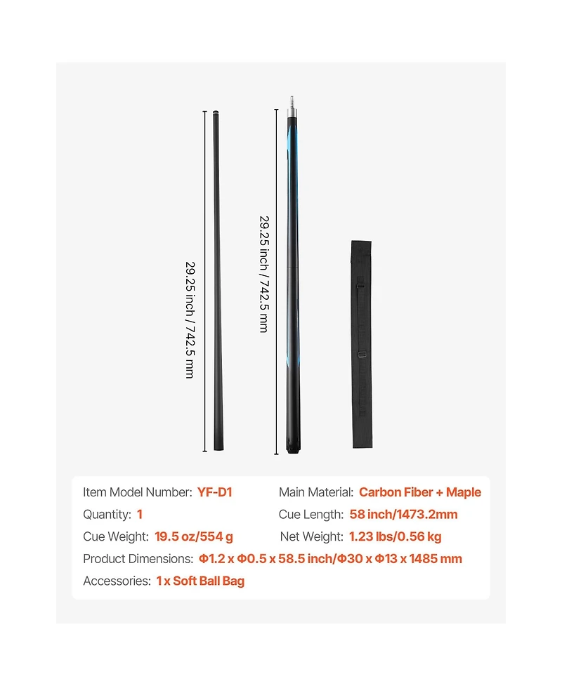 Sevorley 58-Inch Jump Break Pool Cue with Carbon Fiber Shaft and Maple Butt