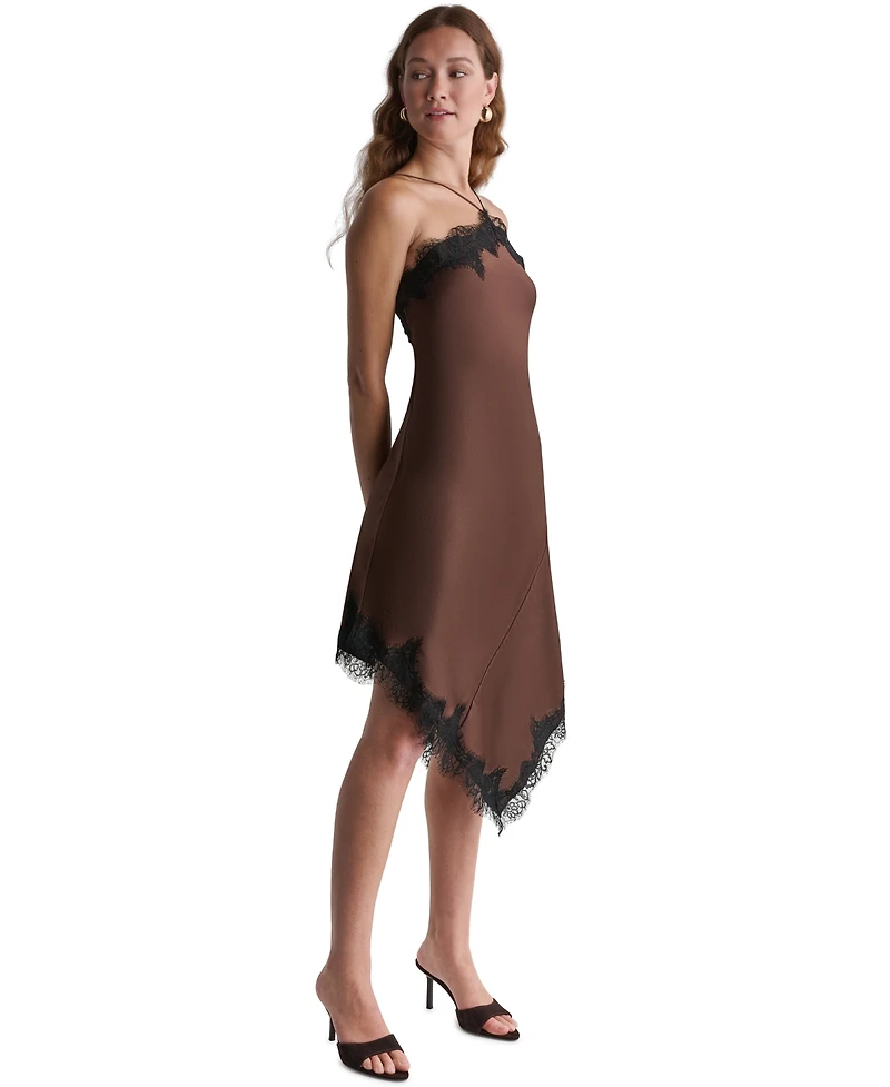 Bcbg Women's Satin Asym Dress with Lace Trim