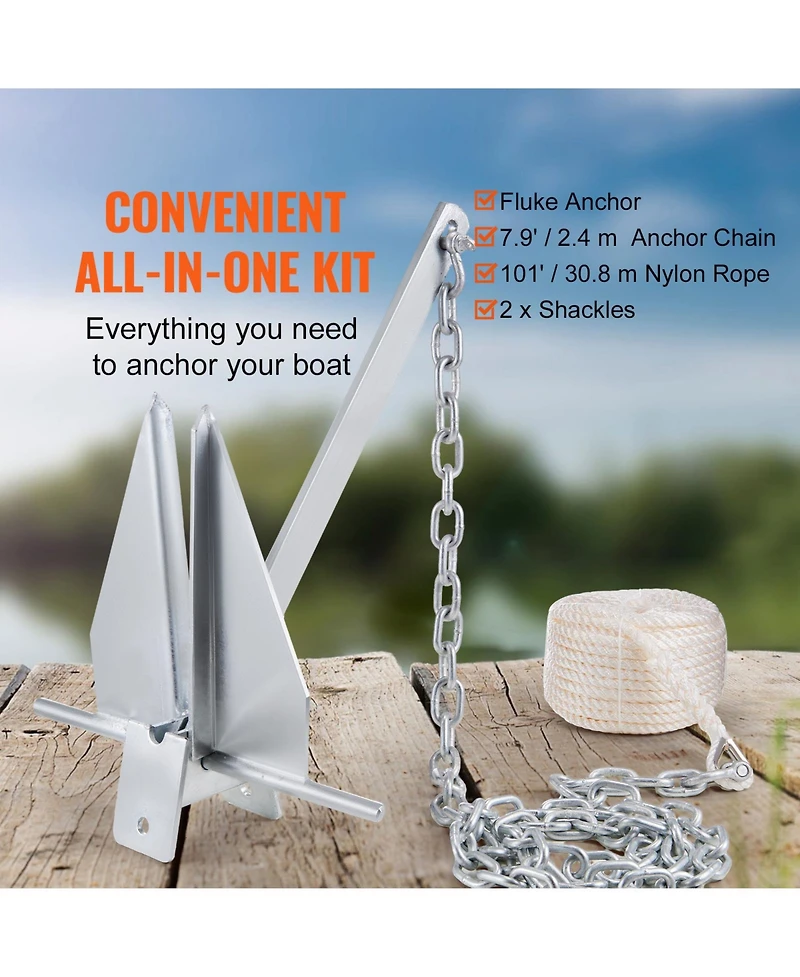 Sevorley Fluke Style Anchor Kit, 13 lb Galvanized Steel Boat Anchor with 8 feet Chain, 101 feet Rope and Shackles
