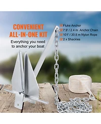 Sevorley Fluke Style Anchor Kit, 13 lb Galvanized Steel Boat Anchor with 8 feet Chain, 101 feet Rope and Shackles