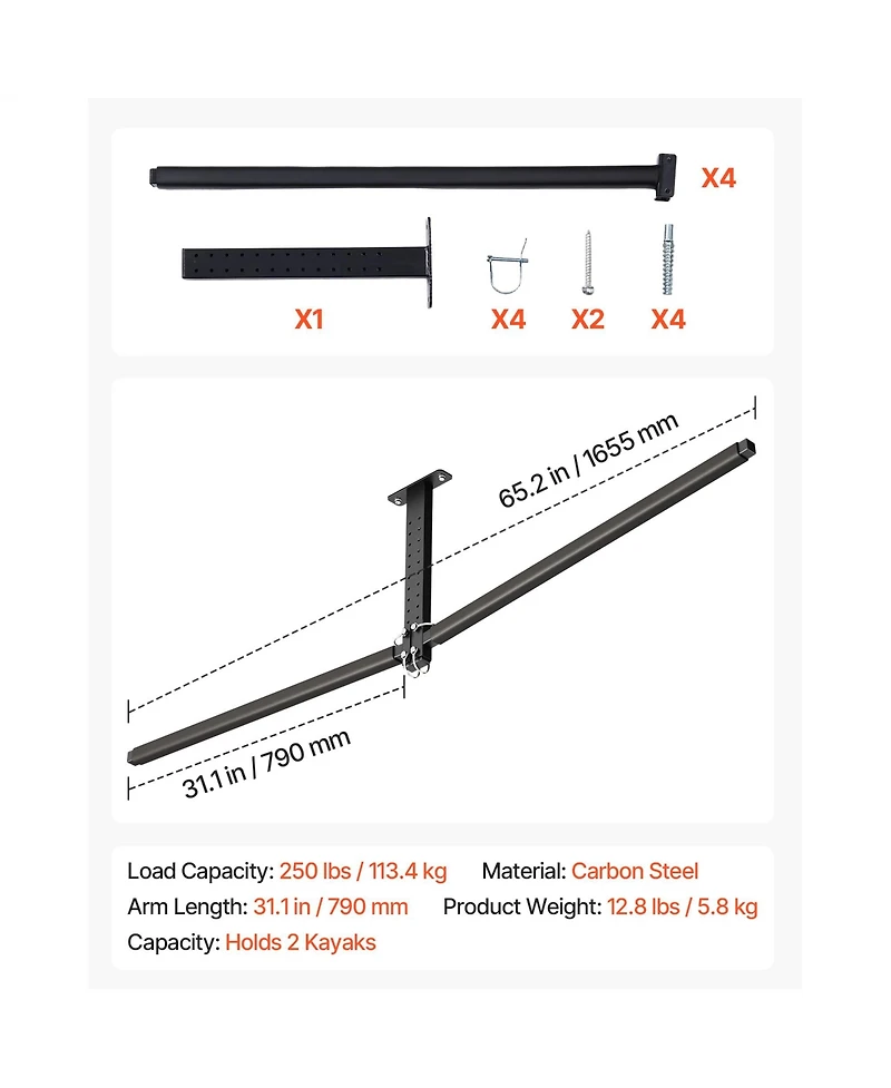 Sevorley Kayak Ceiling Storage Rack for 2 Kayaks, Overhead Steel Garage Hanger with Foam Arms, 250 lb Capacity
