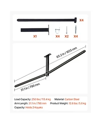 Sevorley Kayak Ceiling Storage Rack for 2 Kayaks, Overhead Steel Garage Hanger with Foam Arms, 250 lb Capacity