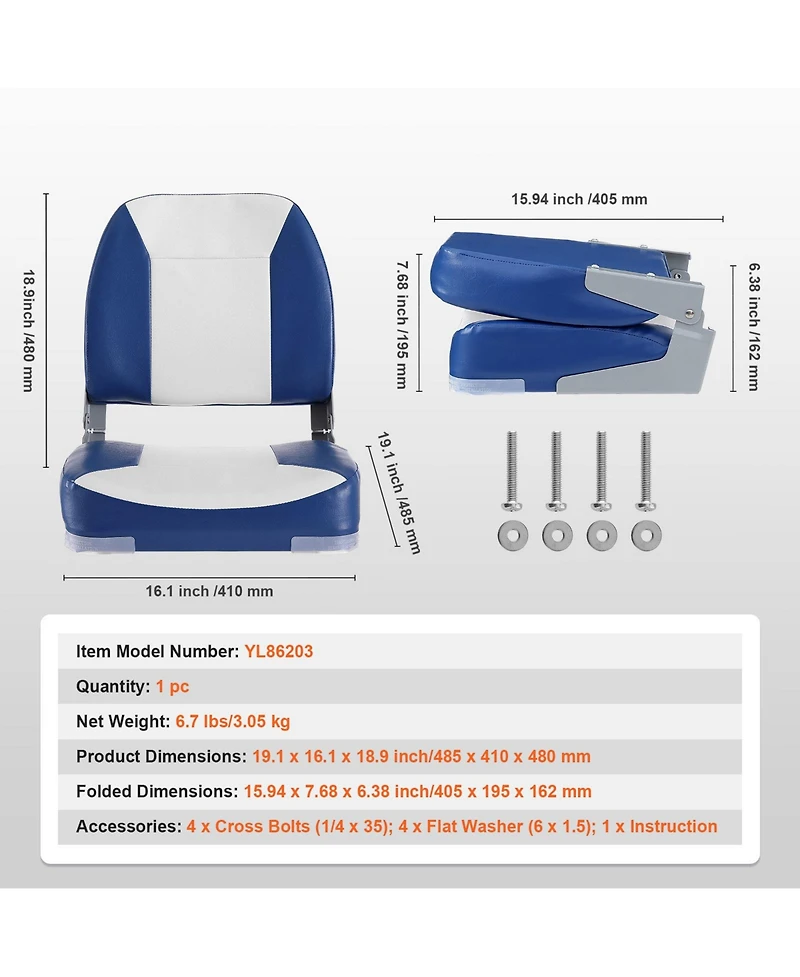 Sevorley Low Back Folding Boat Seat, 18.9 in Padded Fold-Down Captain Chair