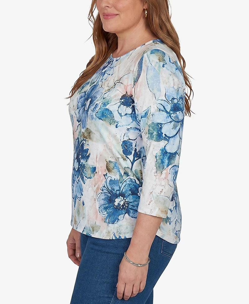 Alfred Dunner Plus Etched Florals Ruched Sides Top