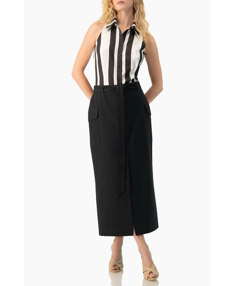 Ivonne Women's High-Waisted Belted Side-Slit Midi Skirt