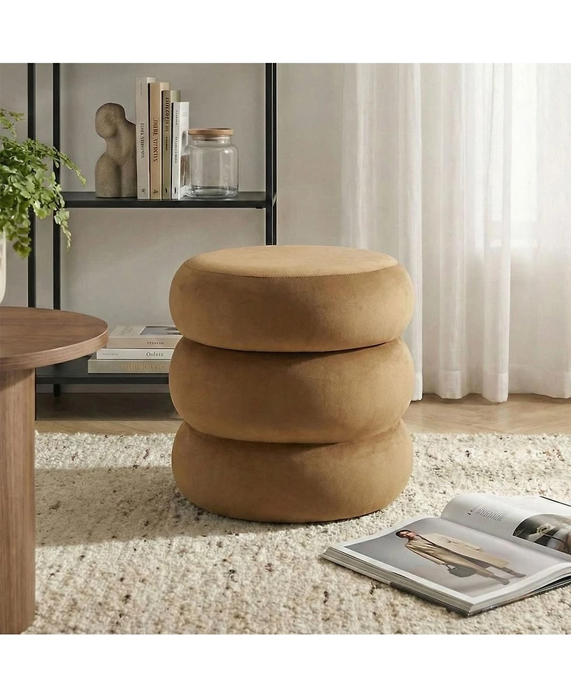 Maison Boucle Velvet Ottoman With Storage, Round 3-Tier Stacked Accent Pouf, Small Space Footrest or Extra Seat, Fully Assembled