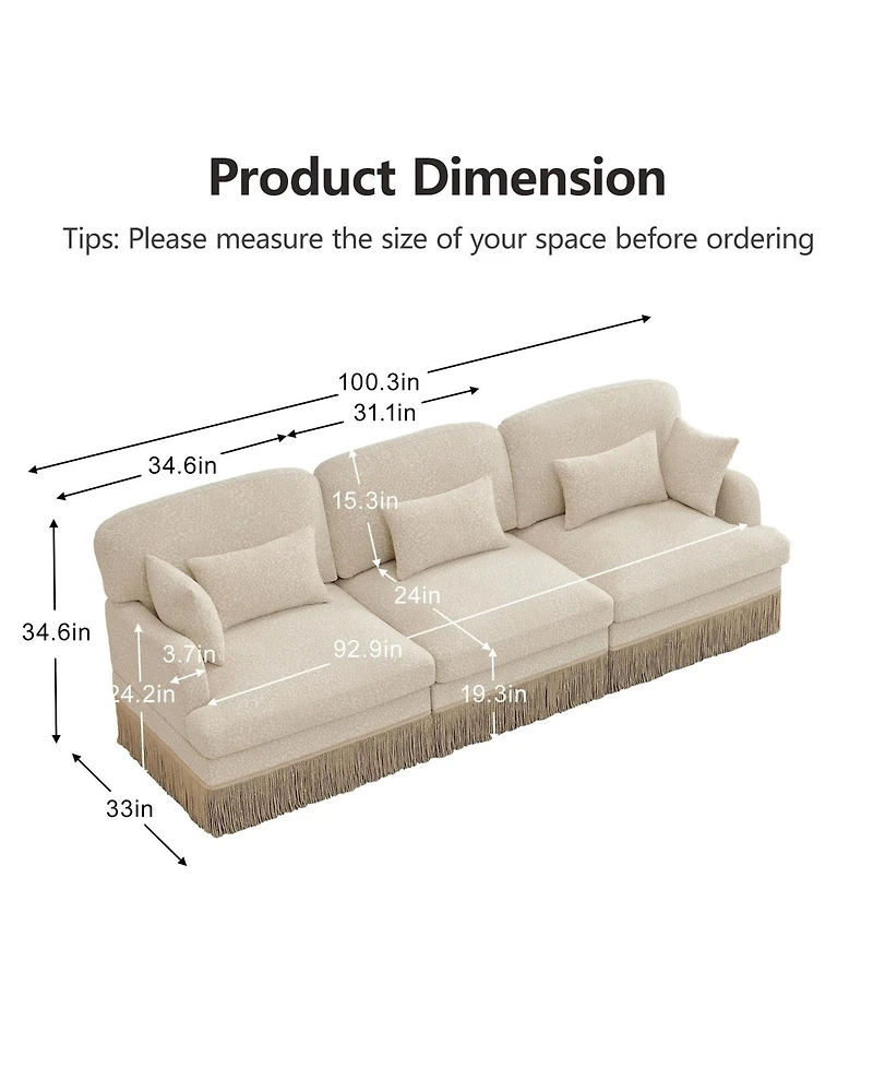 Maison Boucle Modular Sectional Sofa Couch, 3-Seater, Leopard Print Chenille, With Deep Seat, Tassel Skirt, and Throw Lumbar Pillows