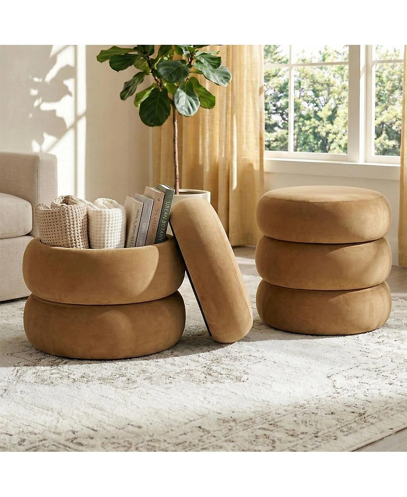 Maison Boucle Round Velvet Storage Ottomans Set of 2