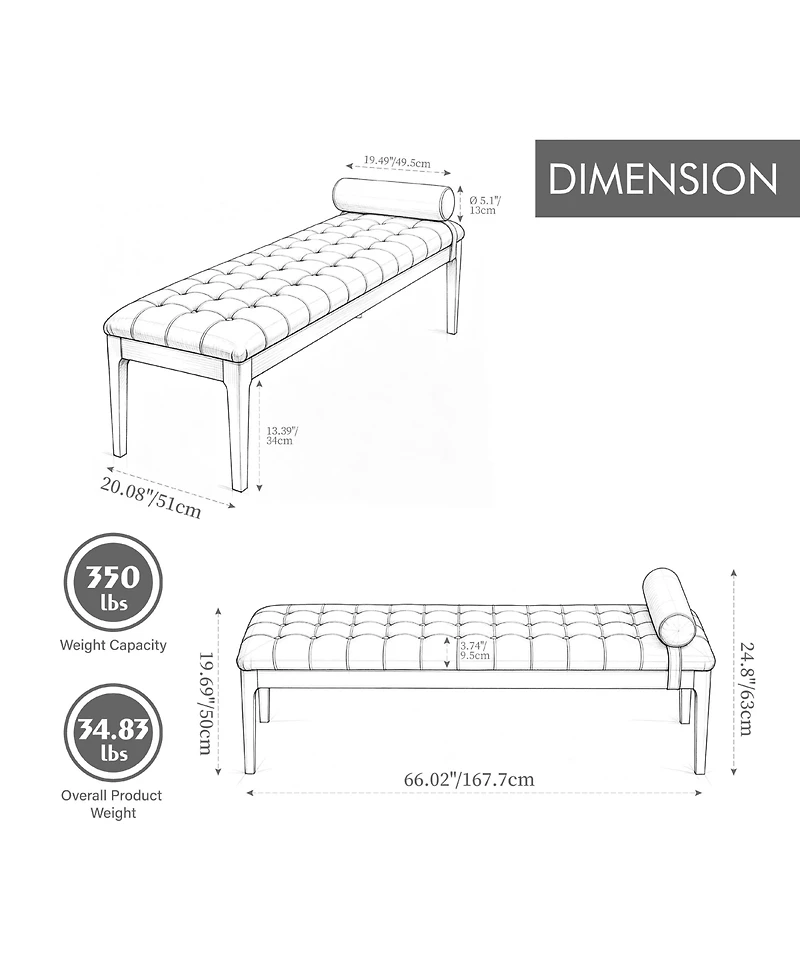 Maison Boucle 66" Upholstered End of Bed Bench with Headrest, Nano Leather Upholstery Button-Tufted Bench, Solid Rubberwood Legs, Entryway Shoe