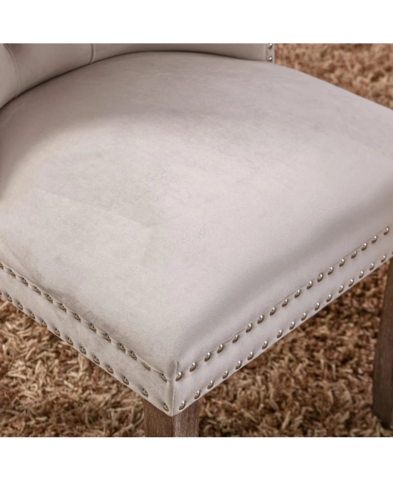 Maison Boucle Upholstered Dining Chairs , Beige Velvet Upholstery High-Back Side Chairs, Tufted Nailhead-Trim with Solid Wood Legs