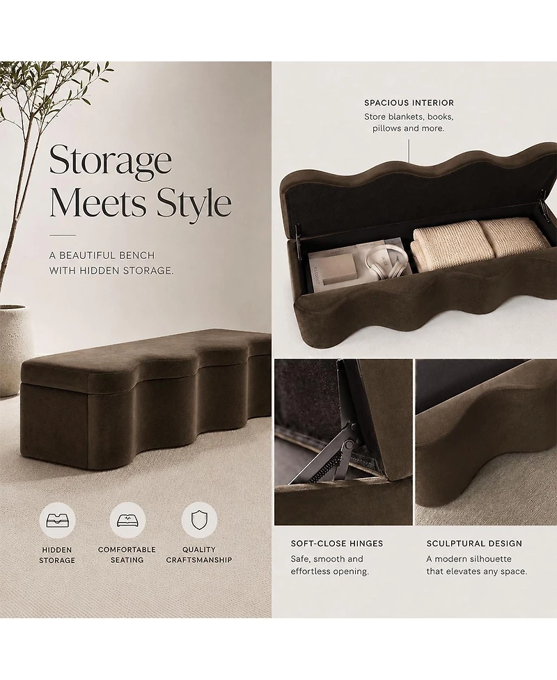 Maison Boucle 60" Modern Upholstered Storage Bench With Lift-Top Lid, End-of-Bed Ottoman Bench, Sculptural Curved Accent for Entryway or Hallway