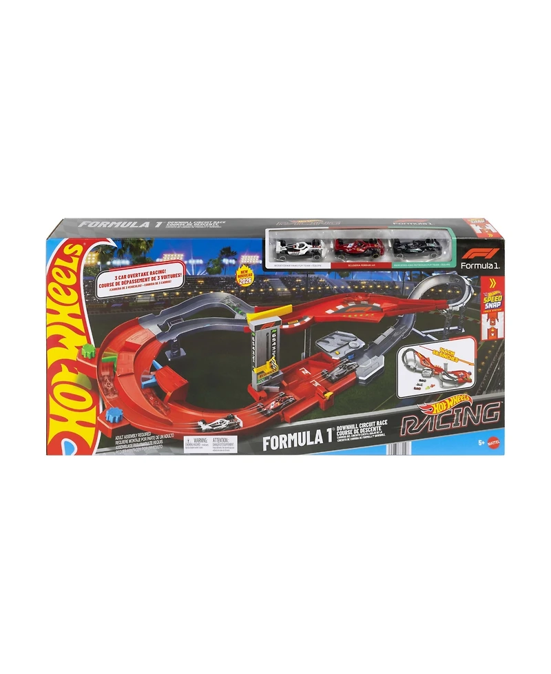 Hot Wheels 1:64 Scale Racing Formula 1 Downhill Circuit Race with 3 F1 Die-Cast Toy Cars