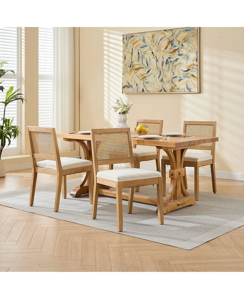 Maison Boucle Modern Dining Chairs Set of 4, Farmhouse Rattan Cane Back Side Chairs, Upholstered Seat, Solid Wood Frame