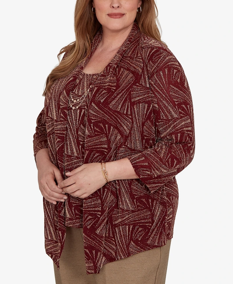 Alfred Dunner Plus Union Square Shimmer Abstract Two One Top with Necklace