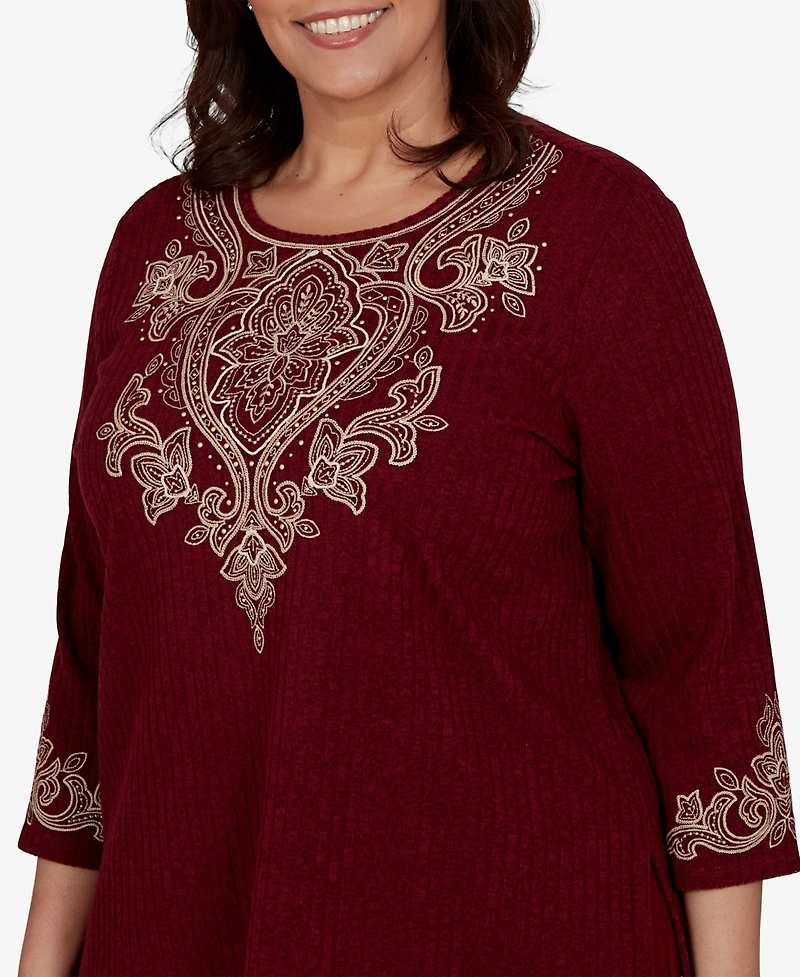 Alfred Dunner Plus Union Square Scroll Embroidered Ribbed Knit Top