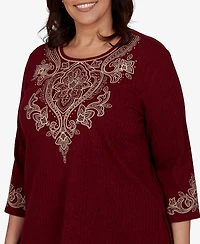 Alfred Dunner Plus Union Square Scroll Embroidered Ribbed Knit Top