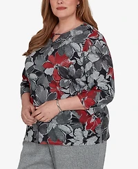 Alfred Dunner Plus Classic Textured Floral Split Neck Pocket Top
