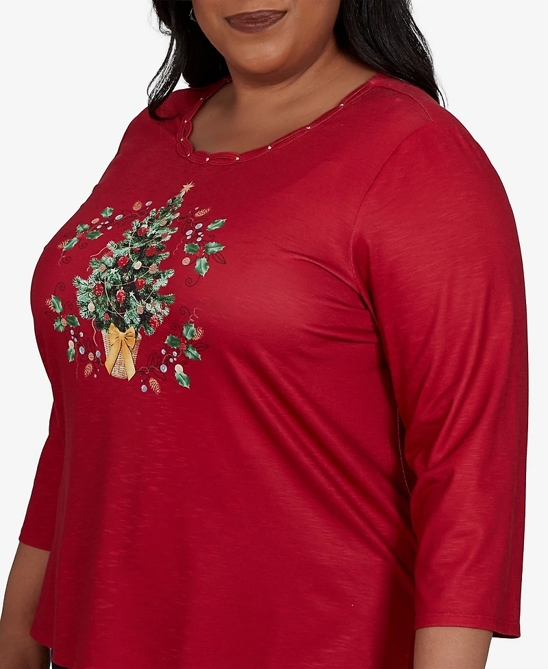 Alfred Dunner Plus Classic Christmas Tree Braided Neck Top