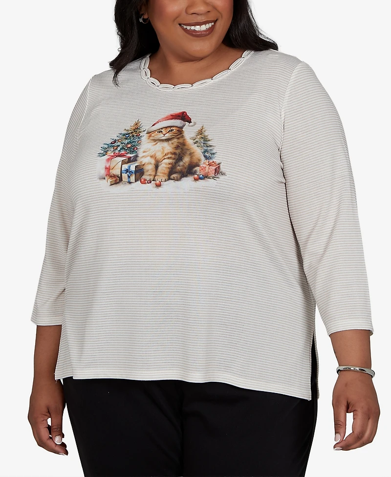 Alfred Dunner Plus Classic Santa Cat Knit Top