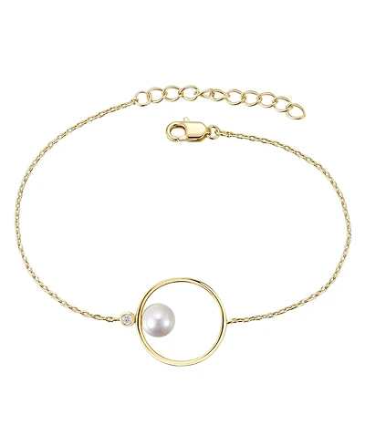 14k Gold Plated with White Genuine Freshwater Pearl Solitaire Asymmetrical Wire Halo Delicate Bracelet