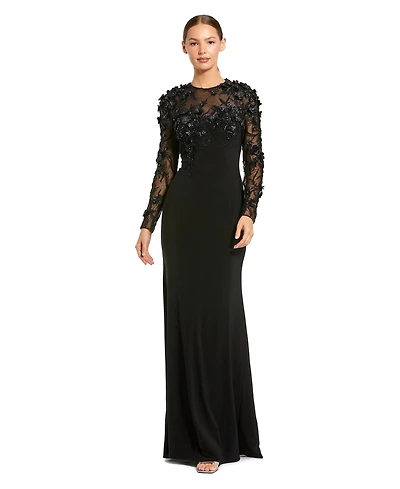 Mac Duggal Women's Petite Jersey Long Sleeve Fitted Gown With Floral Beading