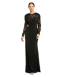 Mac Duggal Women's Petite Jersey Long Sleeve Fitted Gown With Floral Beading