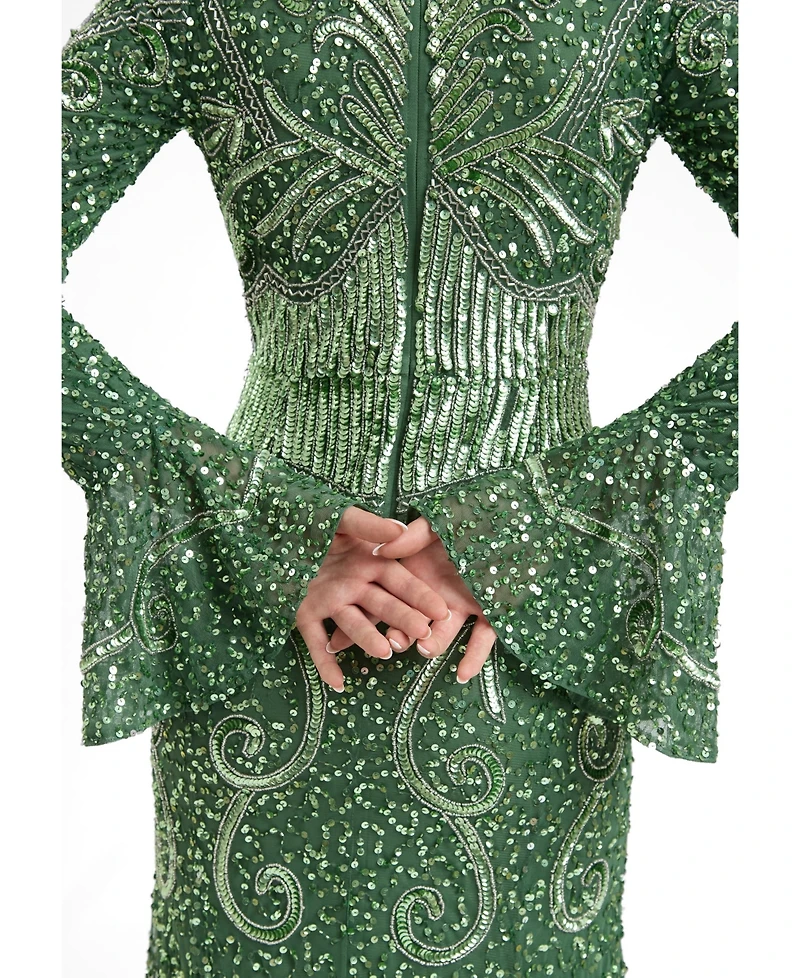 Maryisa Women's Modest Embellished Sequins Trail Maxi Dress