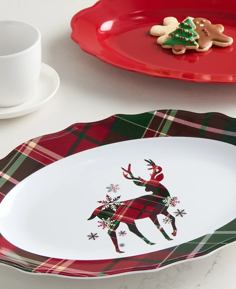 Tinsel And Frost Melamine Tartan Plaid Deer Oval Tray, Set of 2