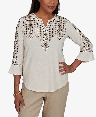 Alfred Dunner Petite Travel Advisory Geo Embroidered Printed Back Top