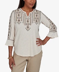 Alfred Dunner Petite Travel Advisory Geo Embroidered Printed Back Top