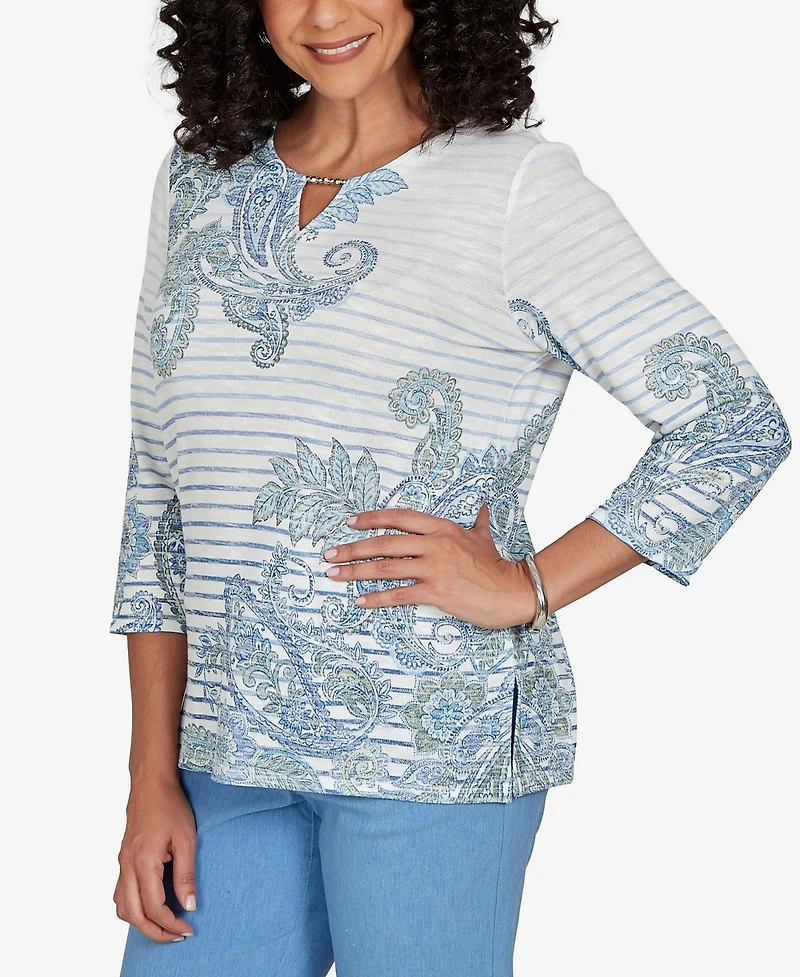 Alfred Dunner Petite Provence Paisley Stripe Split Neck Top