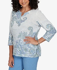 Alfred Dunner Petite Provence Paisley Stripe Split Neck Top