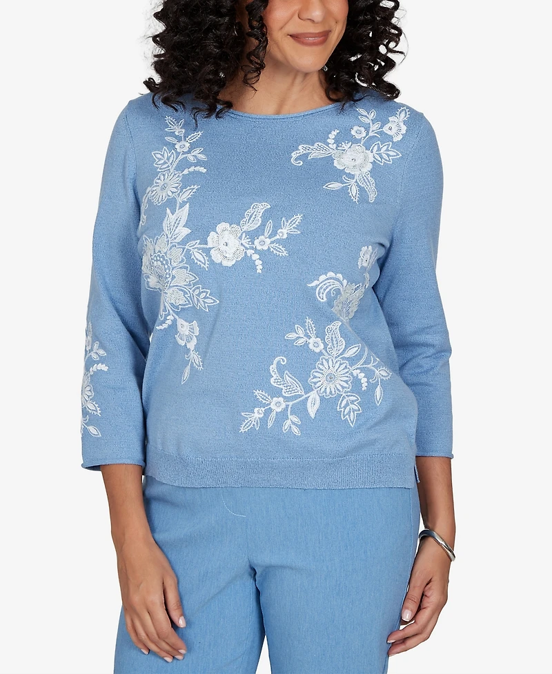 Alfred Dunner Petite Provence Lacey Floral Embroidered Sweater