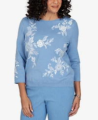 Alfred Dunner Petite Provence Lacey Floral Embroidered Sweater