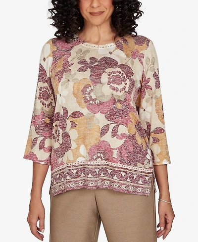 Alfred Dunner Petite Union Square Exploded Floral Geo Border Top