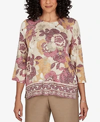 Alfred Dunner Petite Union Square Exploded Floral Geo Border Top